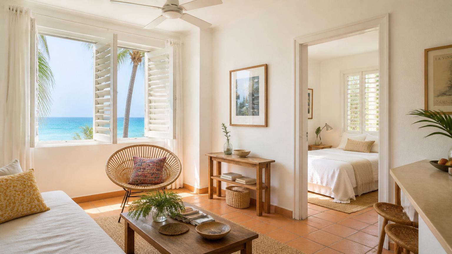 Bright Caribbean one-bedroom apartment interior with louvered windows open to the sea