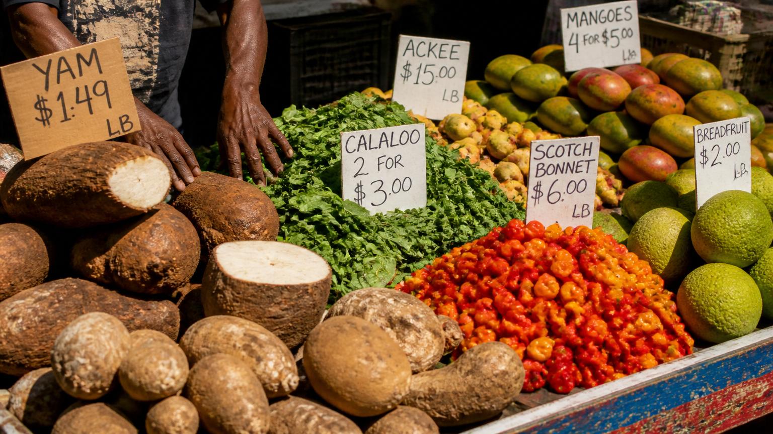 Caribbean produce market stall with yam, callaloo, ackee, scotch bonnets and mangoes
