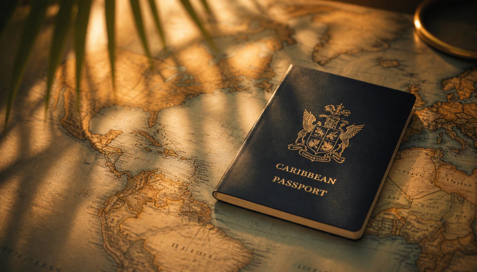 A Caribbean passport resting on a vintage world map