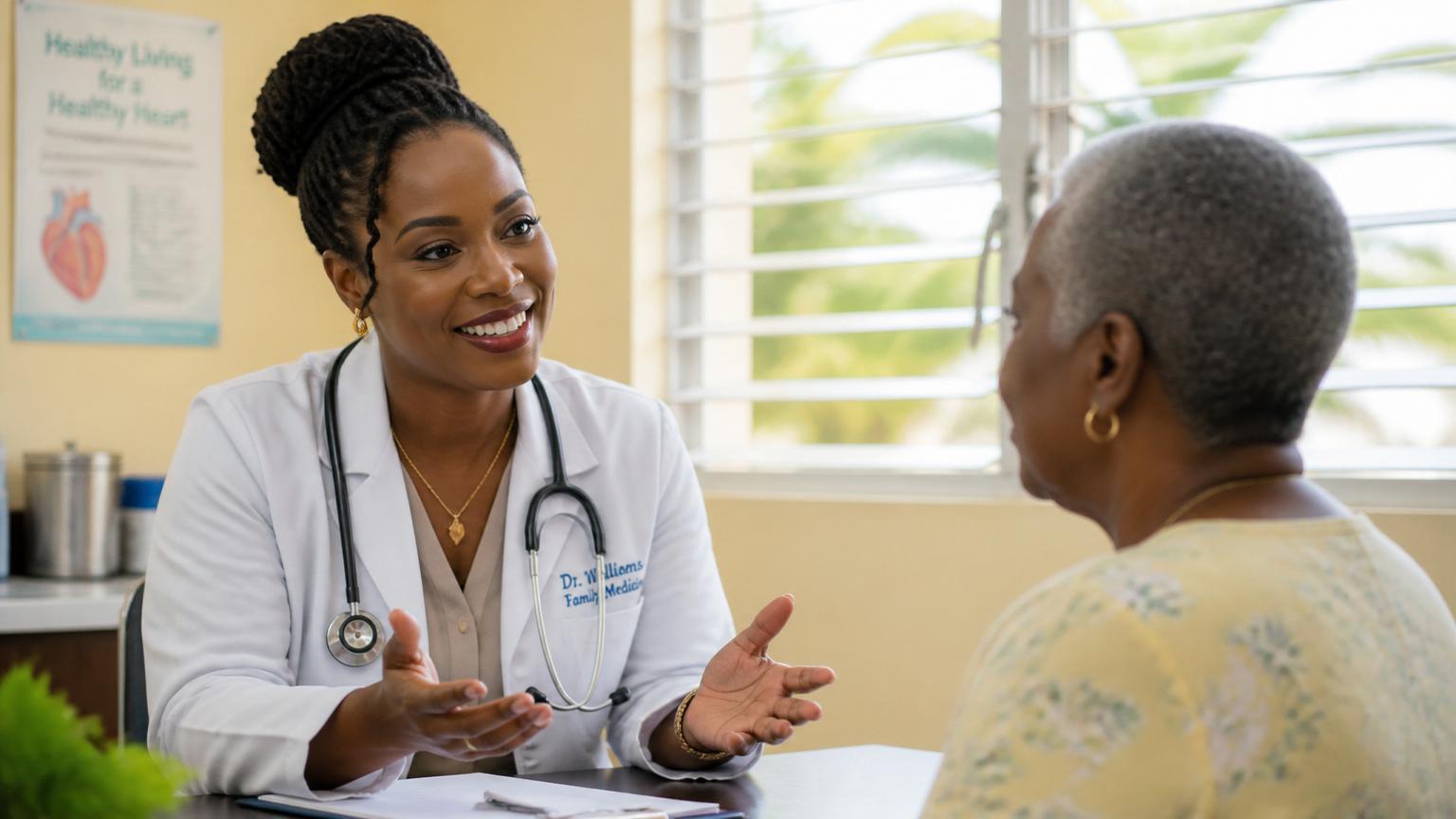 Caribbean doctor speaking warmly with an older patient in a sunlit consultation room