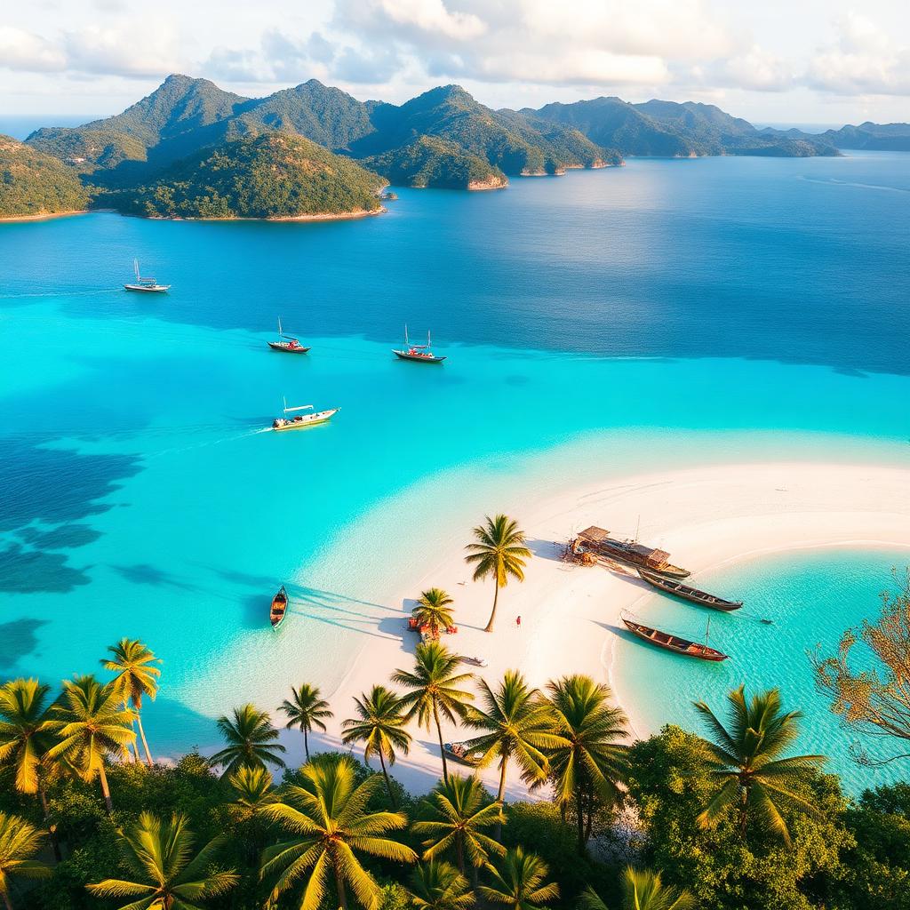Aerial view of a turquoise Caribbean bay with fishing boats