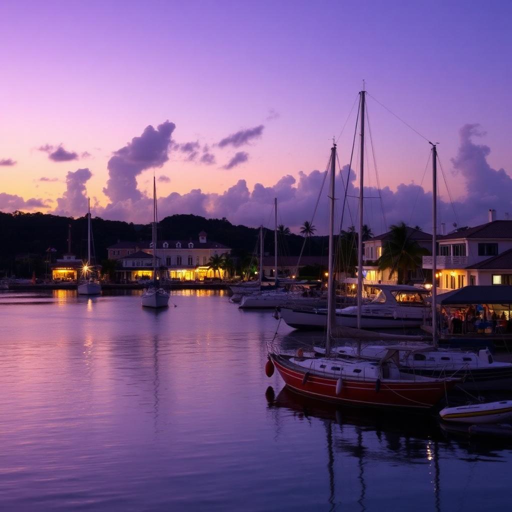Caribbean harbor at dusk with sailboats