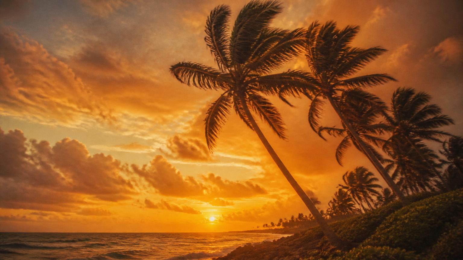 Palms bending in the Caribbean trade winds at golden hour