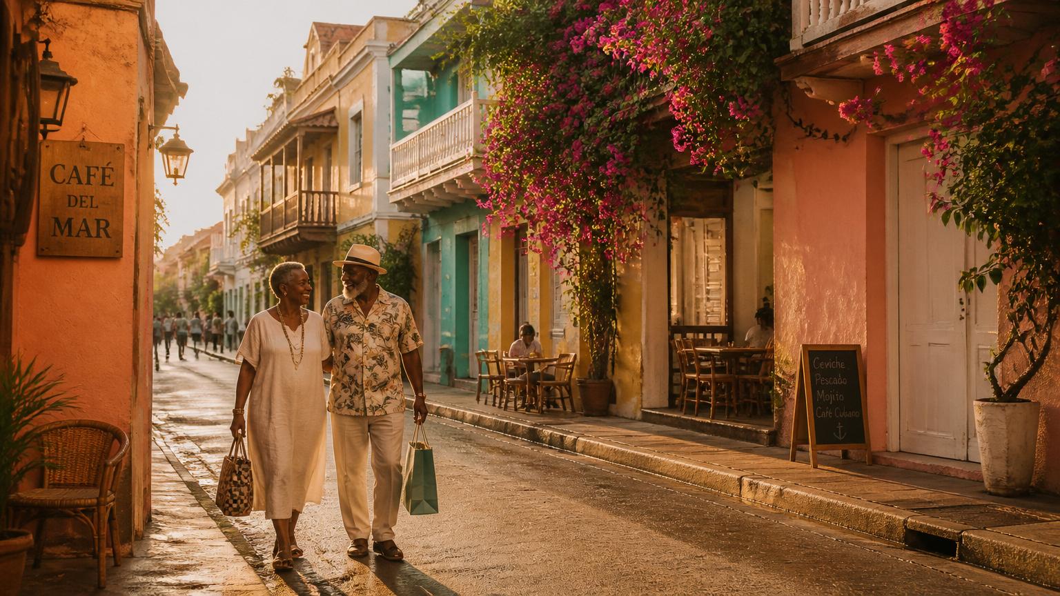 Older couple walking together on a pastel Caribbean street with cafés and bougainvillea