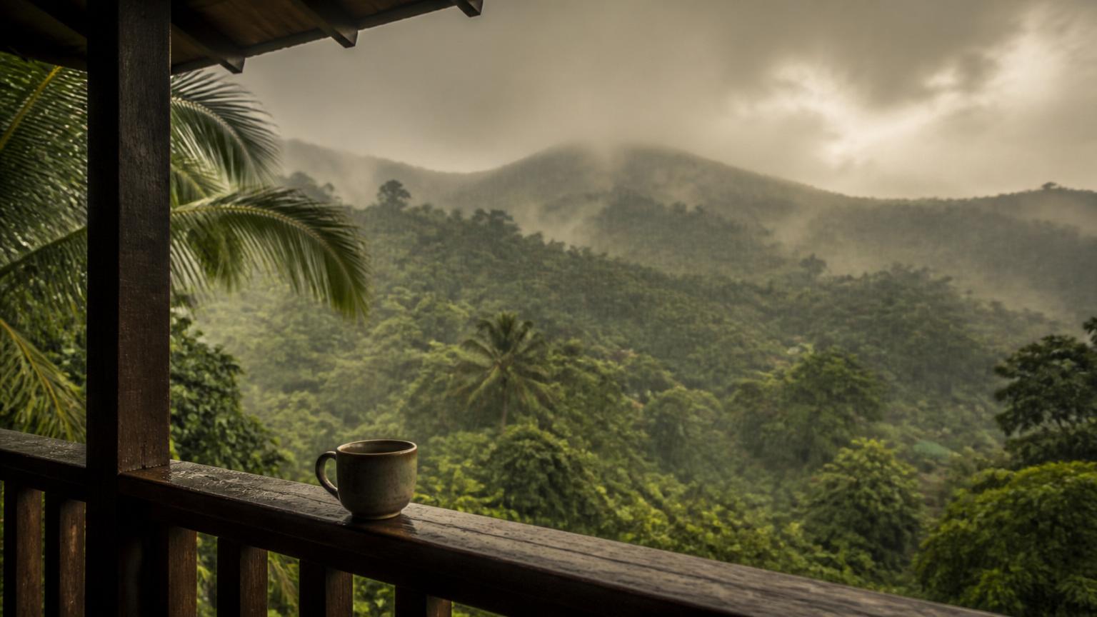 Tropical rain shower over a green Caribbean hillside seen from a wooden verandah