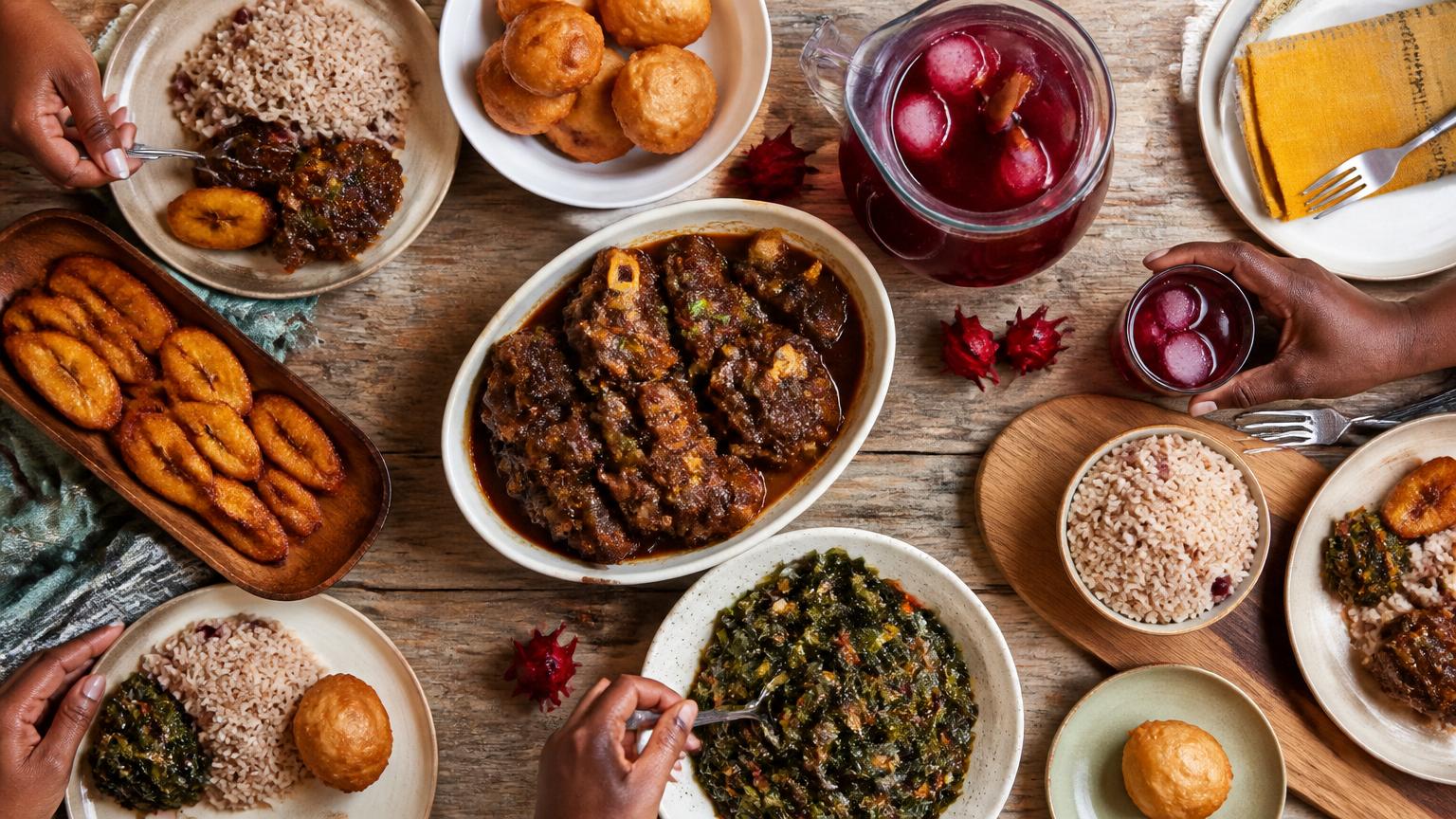 Caribbean Sunday dinner flatlay with rice and peas, oxtail, plantain and sorrel