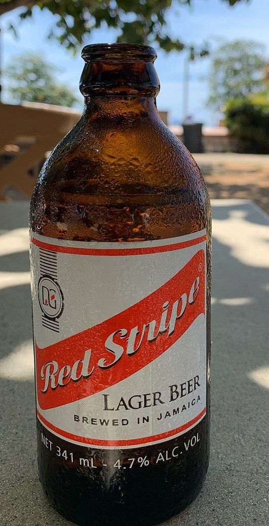 Frosty bottle of Red Stripe lager — brewed in Jamaica