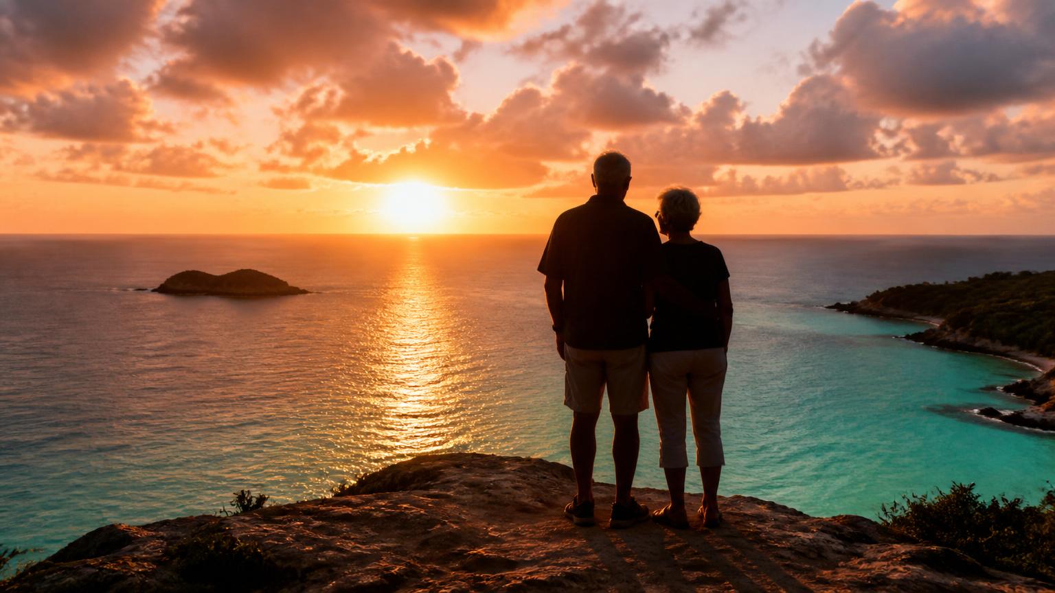 Older couple watching sunrise over a Caribbean cove