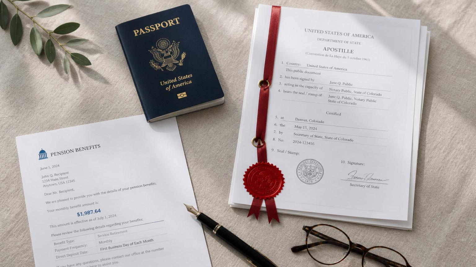 Flatlay of passport, apostilled documents, pension benefits letter and reading glasses