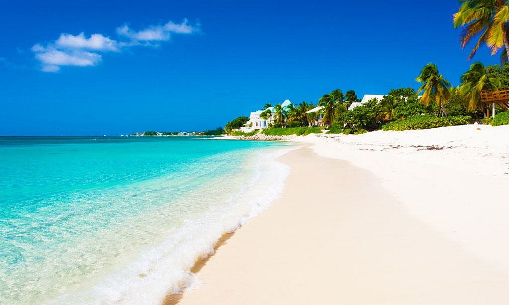 Resorts and turquoise water along Seven Mile Beach, Grand Cayman